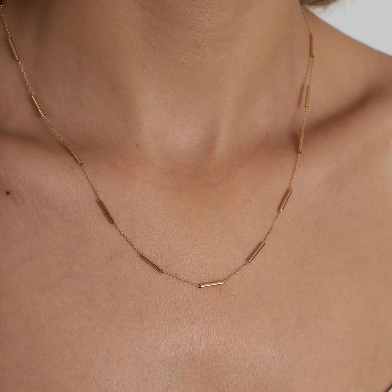14K Gold Station Minimal Chain Necklace, Solid Gold Necklace, Solid Gold Chain, Delicate Dainty Layered Necklace image 3