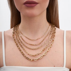 Solid 14K Solid Gold Paperclip Chain Necklace, Fancy Italian Style Everyday Layering Link Paperclip Necklace, Minimal to Chunky 14" - 26"