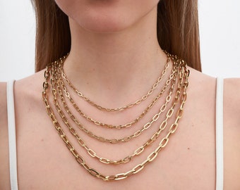 Solid 14K Solid Gold Paperclip Chain Necklace, Fancy Italian Style Everyday Layering Link Paperclip Necklace, Minimal to Chunky 14" - 26"