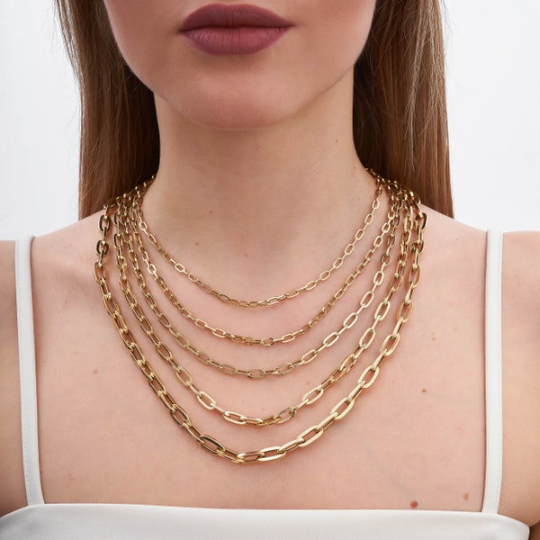 Solid 14K Solid Gold Paperclip Chain Necklace, Fancy Italian Style Everyday Layering Link Paperclip Necklace, Minimal to Chunky 14" - 26"