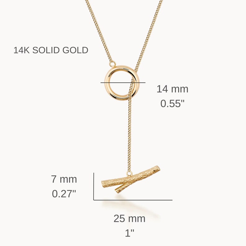 14K Solid Gold Wood Charm Lariat Y Necklace for Women and Men, Unisex Couple Necklace, Handmade Jewelry, Tree Branch Layering Necklace image 4