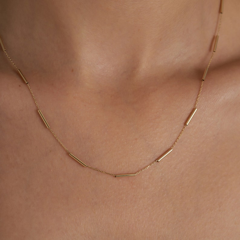 14K Gold Station Minimal Chain Necklace, Solid Gold Necklace, Solid Gold Chain, Delicate Dainty Layered Necklace image 6