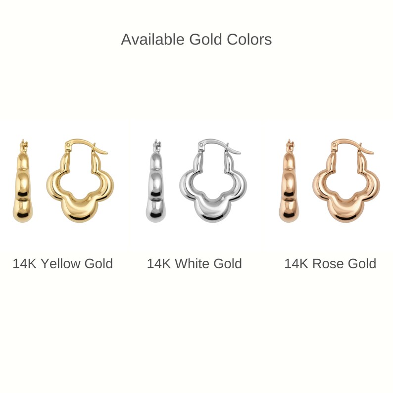 14K Real Gold Thick 3 Leaf Clover Hoop Earrings, Chunky Hoops, Polished