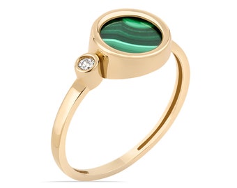 RUNDA 14K Gold Malachite Ring, Malachite Diamond Ring, Womens Malachite Ring, Malachite Ring Gold,  Natural Malachite Healing Ring