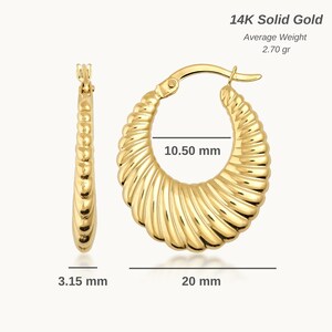 14K Real Gold Shrimp Hoop Earrings, Chunky Hoops, Swirling Chunky Gold Hoop Earrings, Hoops for Women, Gold Oval Hoops Gift for Her image 3