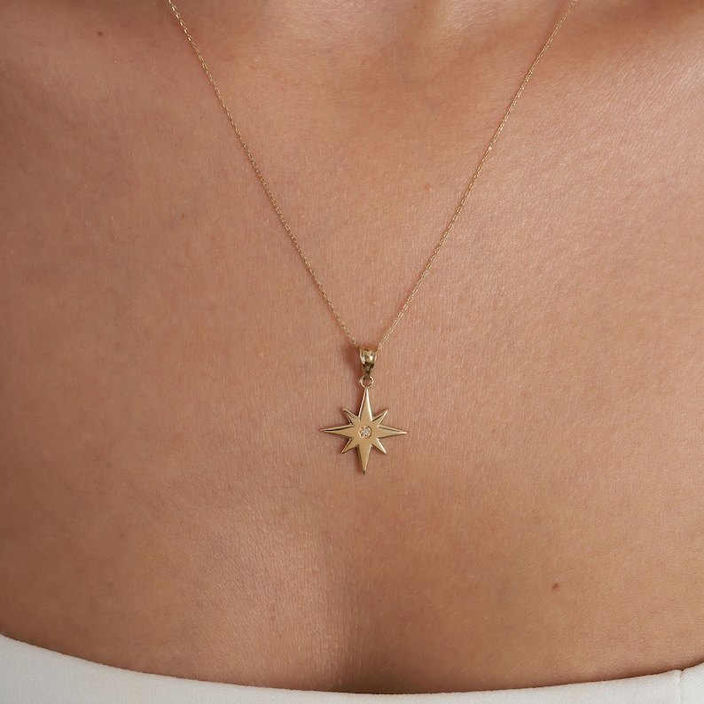 14K Solid Gold North Star Pendant Necklace, North Star Charm, Celestial North Star Necklace, 14k Solid Gold Star Necklace, Graduation Gift image 4