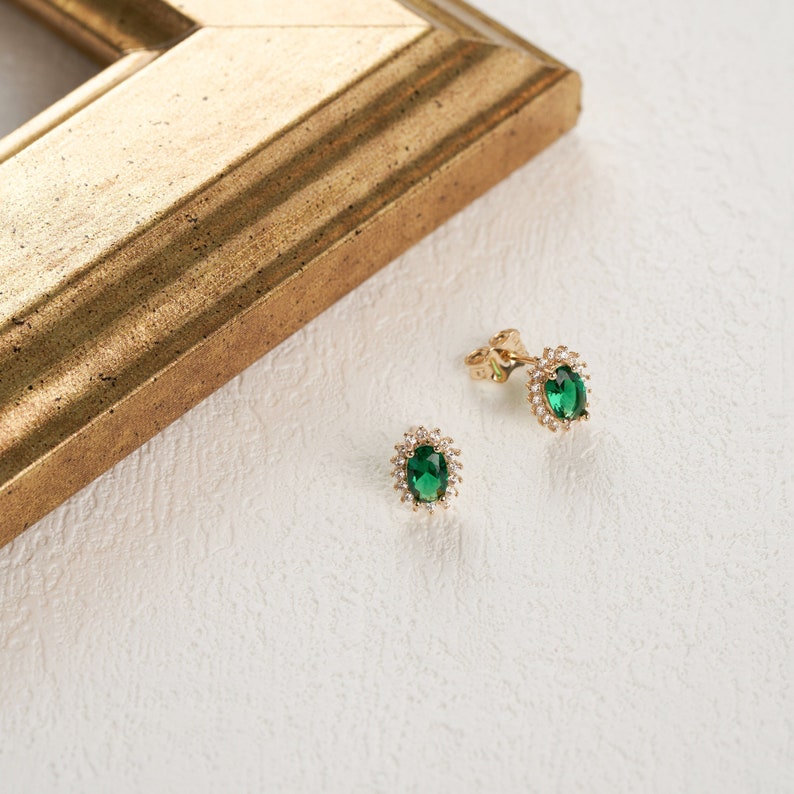 14K Emerald Solid Gold Oval Shaped Earrings, Green Gemstone Earrings, 14K Real Gold Stud Emerald Earrings, Vintage Emerald Studs image 1