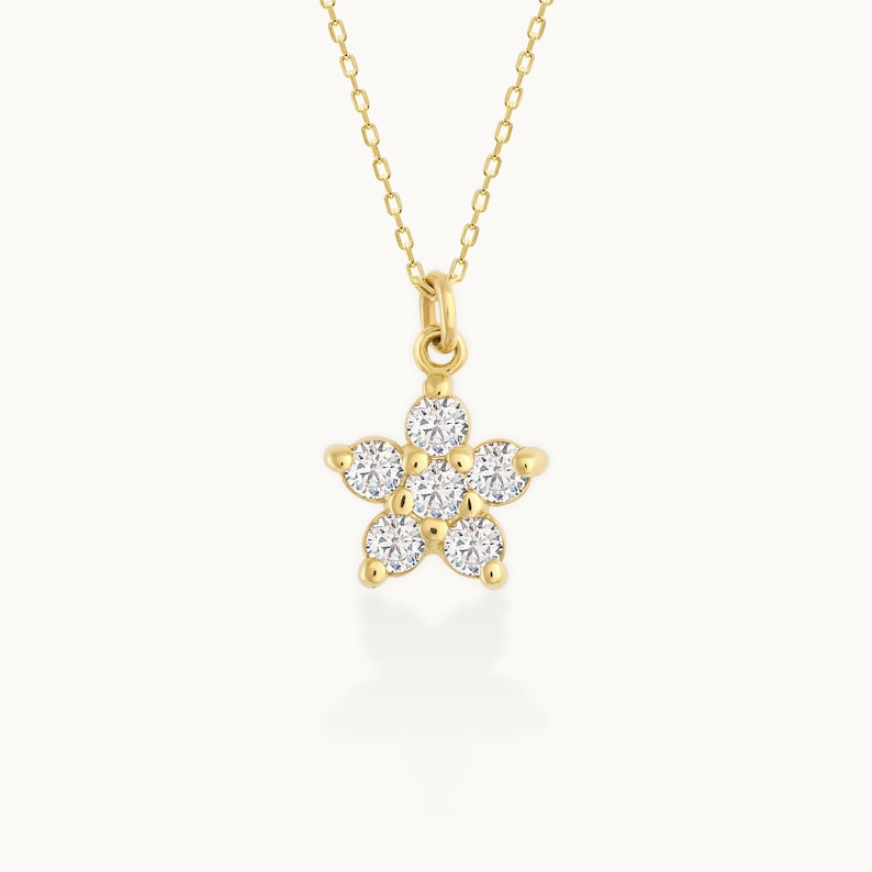 14k Solid Gold Diamond Flower Necklace, Diamond Choker Necklace, Four Diamond Necklace, 14K Real Gold Necklace for Women image 2