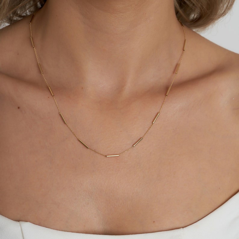 14K Gold Station Minimal Chain Necklace, Solid Gold Necklace, Solid Gold Chain, Delicate Dainty Layered Necklace image 2