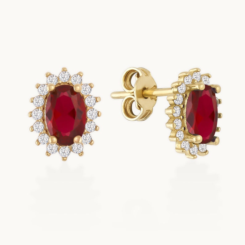 14K Real Gold Oval Shaped Ruby Earrings, Red Gemstone Earrings, 14K Real Gold Stud Ruby Earrings, Vintage Ruby Studs White & Rose Gold image 5