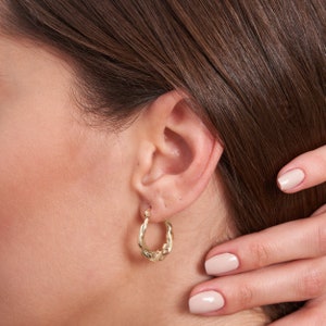 14K Real Gold Twisted Hoop Earrings for Women, Everyday Shiny Hoops, Round Hoop Earrings Hand Engraved, Hypoallergenic Dainty Waterproof image 4
