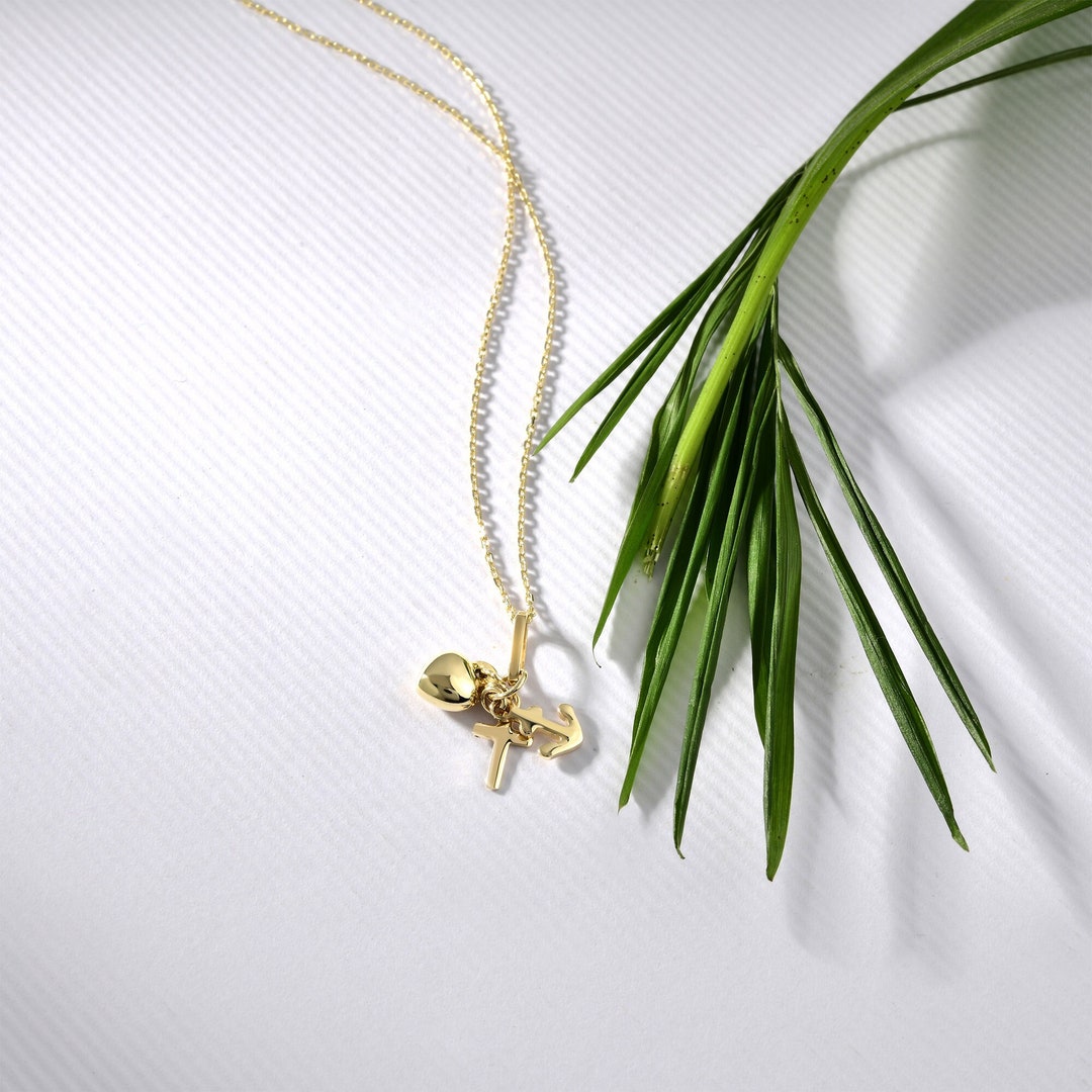 Faith Hope Love Necklace in 14K Solid Gold for Women, Dainty Minimal
