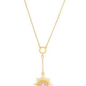 14K Gold Diamond Glowing Sun Necklace, Sunburst Necklace, Sun Statement Necklace, Sunburst Celestial Charm Modern Sun Pendant Summer Jewelry image 3