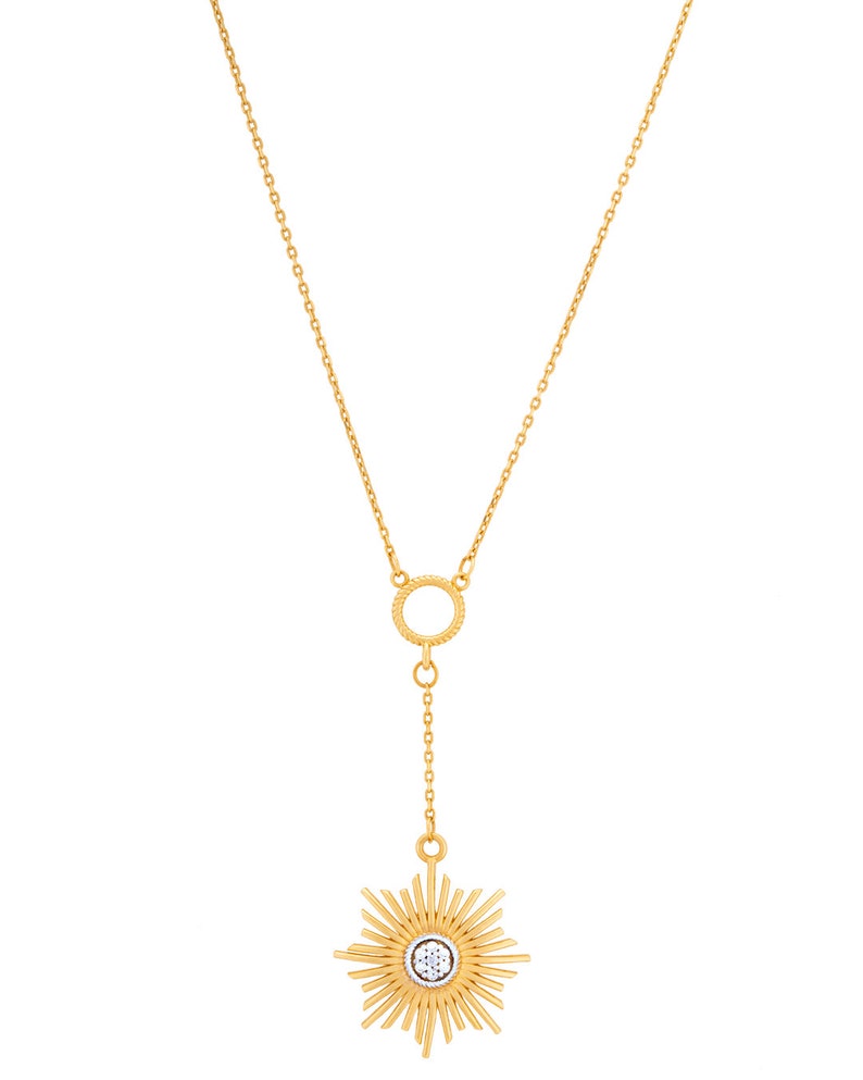 14K Gold Diamond Glowing Sun Necklace, Sunburst Necklace, Sun Statement Necklace, Sunburst Celestial Charm Modern Sun Pendant Summer Jewelry image 3