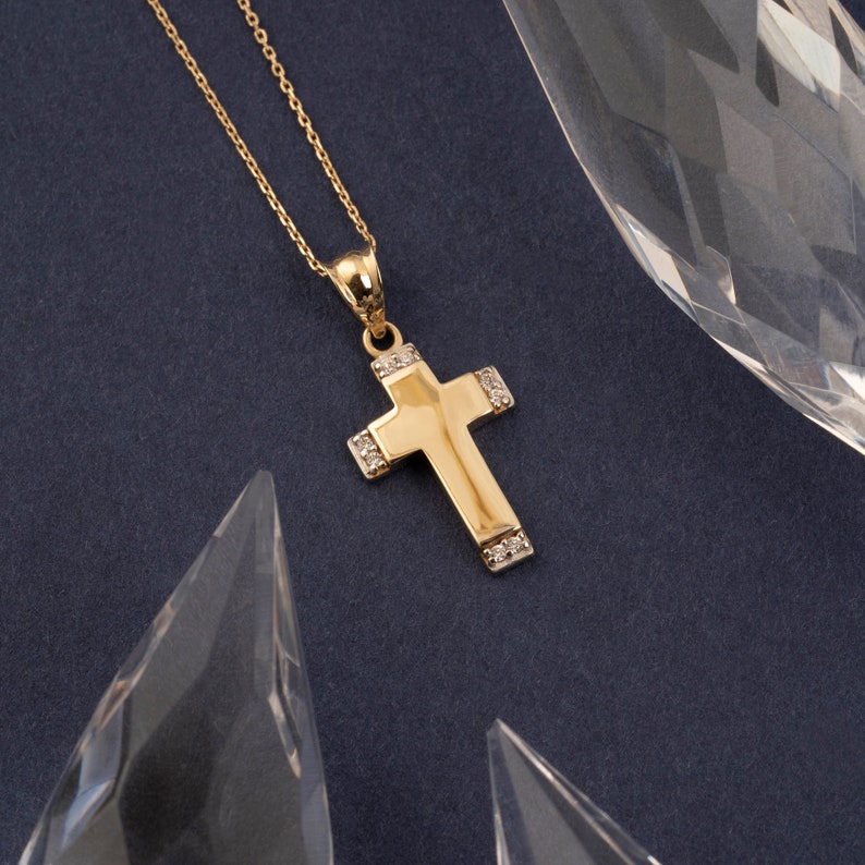 14K Gold Tiny Cross Necklace, Minimal Religious Necklace, Baptism Gift, Communion, Cross Charm, Gold Cross Pendant Necklace, Gemstone Cross image 2