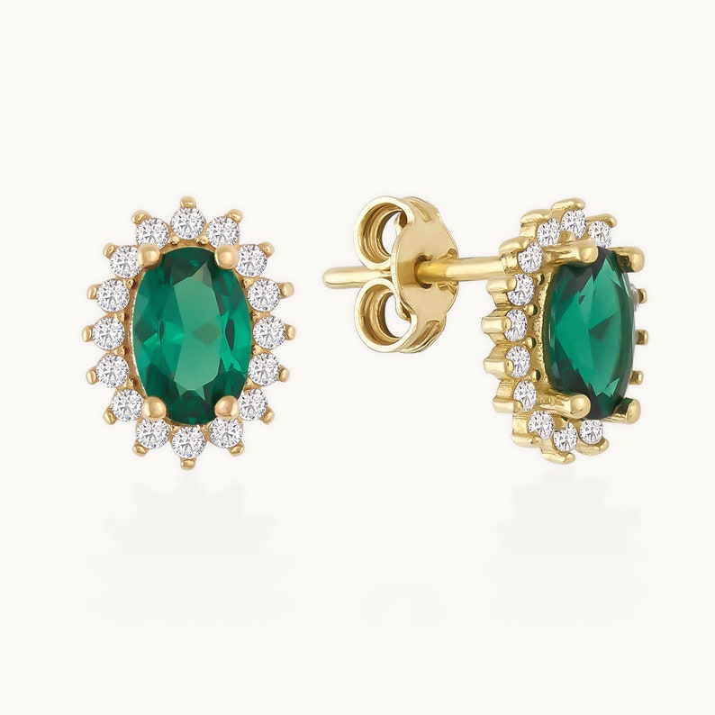 14K Emerald Solid Gold Oval Shaped Earrings, Green Gemstone Earrings, 14K Real Gold Stud Emerald Earrings, Vintage Emerald Studs image 3