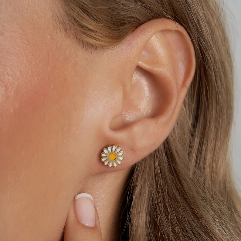 14K Gold Daisy Earrings, Handmade Gold Daisy Stud Earrings, Sunflower Earrings, Innocence and Purity Positive Energy Earrings image 1