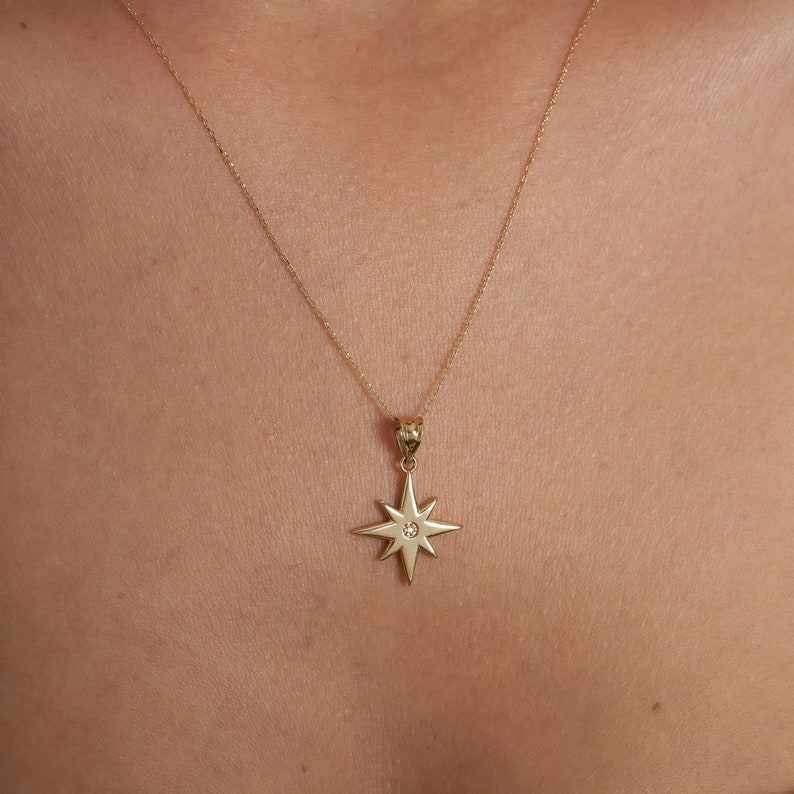14K Solid Gold North Star Pendant Necklace, North Star Charm, Celestial North Star Necklace, 14k Solid Gold Star Necklace, Graduation Gift image 1