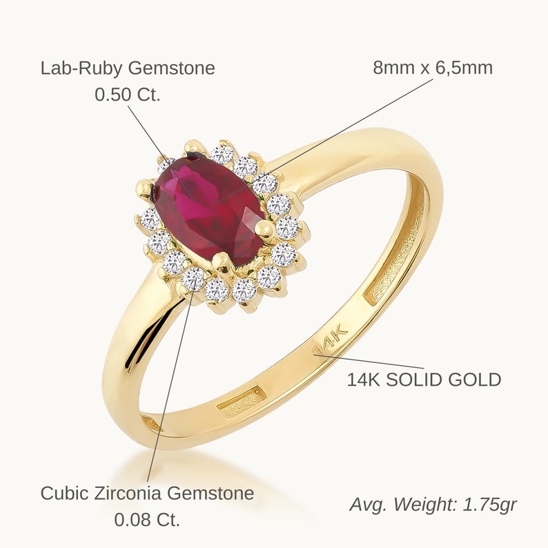 14K Solid Gold Ruby July Birthstone Ring, Oval Cut Pave Citrine Ring, Vintage Dainty Crystal Ring, Stackable Red Gemstone Handmade Jewelry image 5