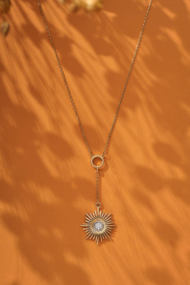 14K Gold Diamond Glowing Sun Necklace, Sunburst Necklace, Sun Statement Necklace, Sunburst Celestial Charm Modern Sun Pendant Summer Jewelry image 1