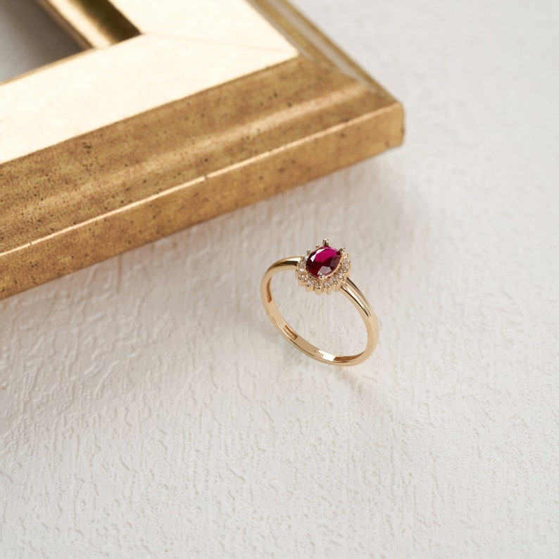 14K Solid Gold Ruby July Birthstone Ring, Oval Cut Pave Citrine Ring, Vintage Dainty Crystal Ring, Stackable Red Gemstone Handmade Jewelry image 1