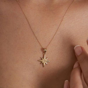 14K Solid Gold North Star Pendant Necklace, North Star Charm, Celestial North Star Necklace, 14k Solid Gold Star Necklace, Graduation Gift image 2