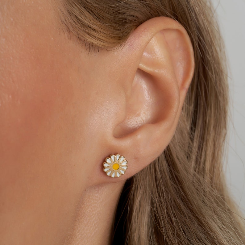 14K Gold Daisy Earrings, Handmade Gold Daisy Stud Earrings, Sunflower Earrings, Innocence and Purity Positive Energy Earrings image 4