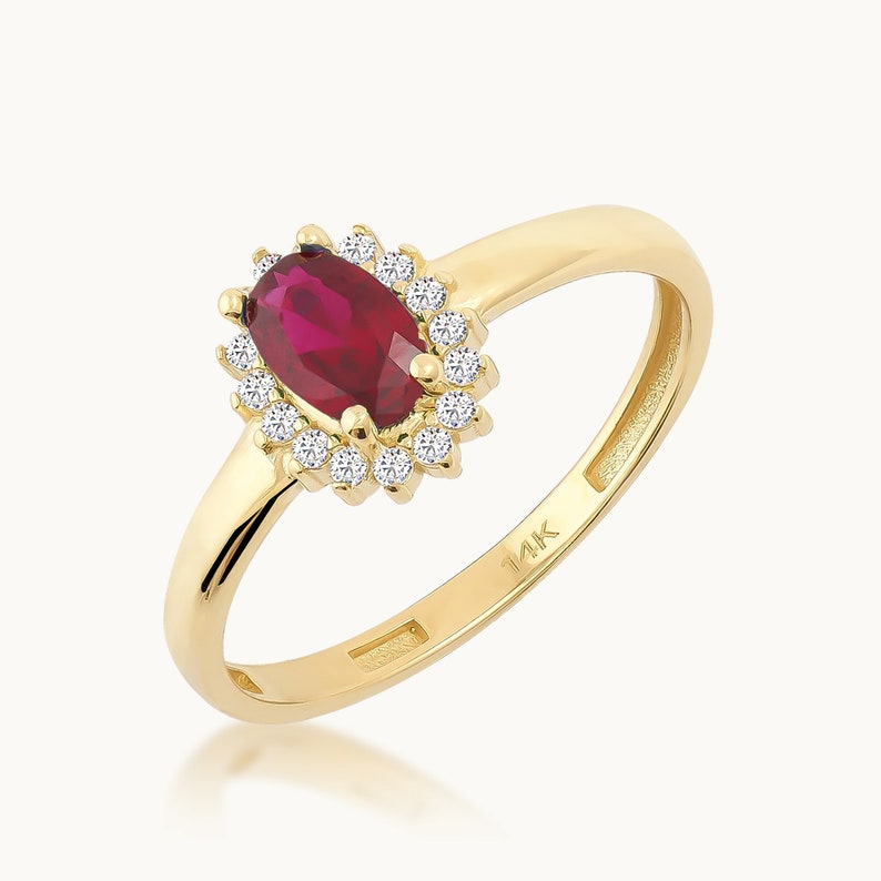 14K Solid Gold Ruby July Birthstone Ring, Oval Cut Pave Citrine Ring, Vintage Dainty Crystal Ring, Stackable Red Gemstone Handmade Jewelry image 3