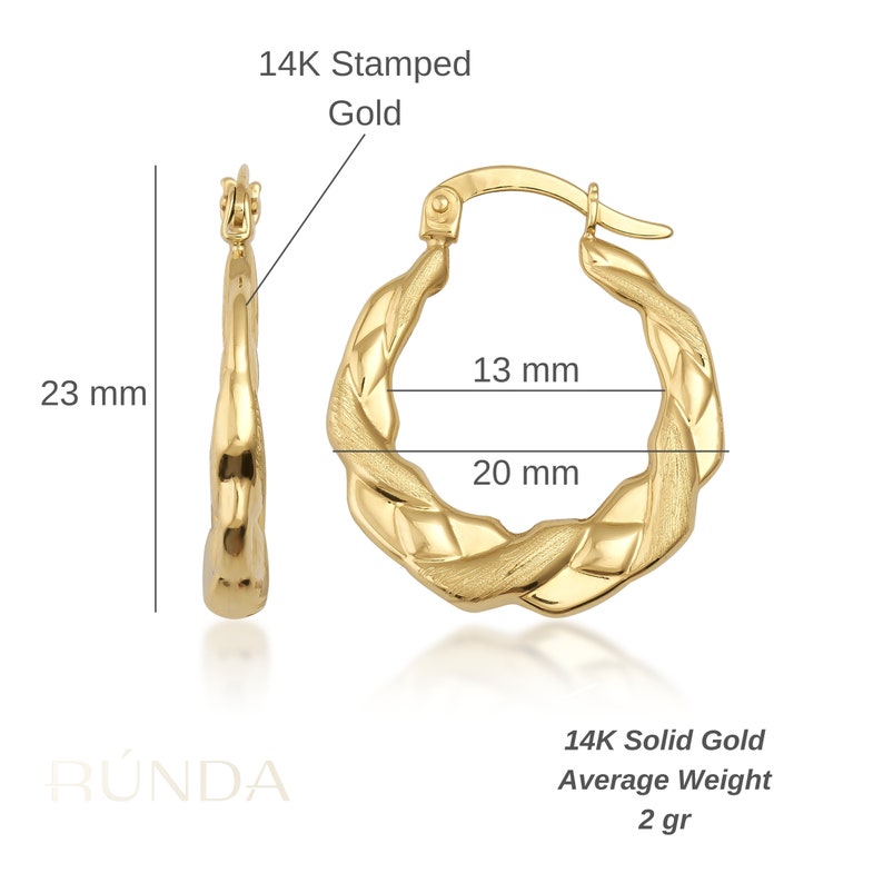 14K Real Gold Twisted Hoop Earrings for Women, Everyday Shiny Hoops, Round Hoop Earrings Hand Engraved, Hypoallergenic Dainty Waterproof image 2