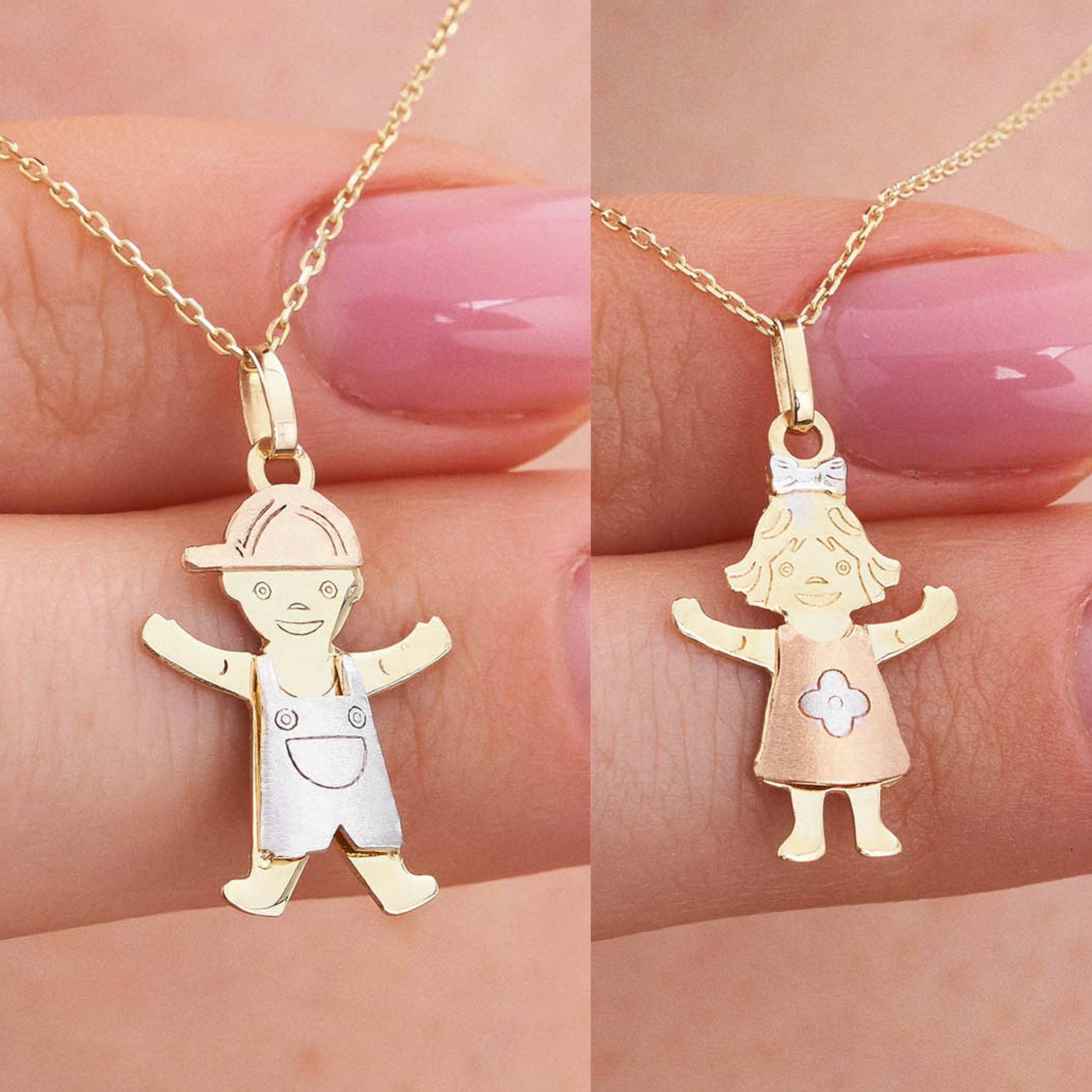 Gold Plated Kids Charms Family Necklace with Chain. Boys and Girls