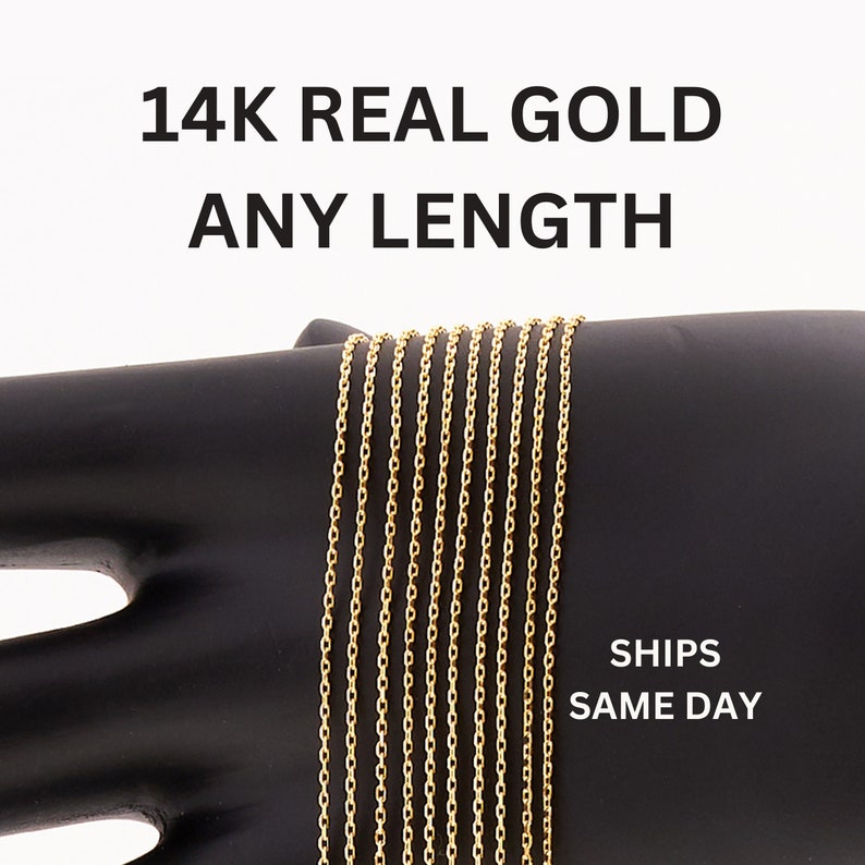 Real 14K Solid Gold Diamond Cut Cable Chain Necklace & Bracelet, 0.9 mm Unisex Gold Chain for Women Men Custom Size and Gold Color image 1