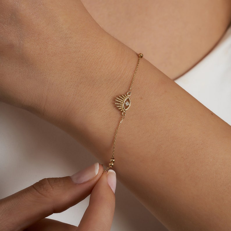 Evil Eye Bracelet, 14K Solid Gold Evil Eye Bracelet, Protection Bracelet, Tiny Greek Eye Bracelet, Minimalist Gold Bracelet image 1