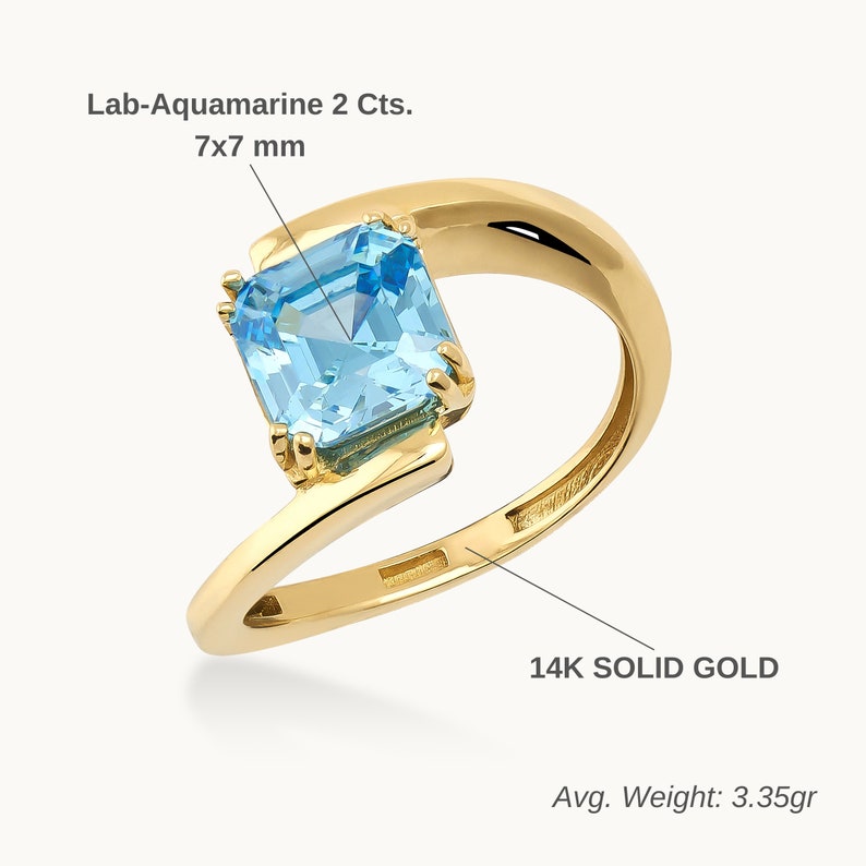 14K Solid Gold Aquamarine March Birthstone Solitaire Ring, Princess Cut 2 CTS Yellow White Rose Gold, Handmade Jewelry, Blue Gemstone Ring image 5
