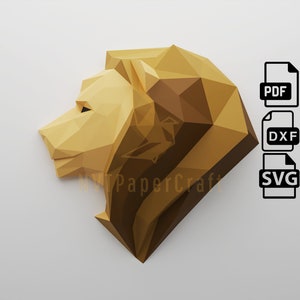 ペーパークラフト ライオンヘッド、ペーパークラフト ライオンヘッド モデル、ライオンヘッド PDF テンプレート、3D ライオンヘッド彫刻、ローポリ パターン ライオンヘッド、SVG