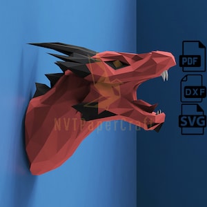 Cabeza de dragón de papel, modelo de cabeza de dragón de papel, plantilla de cabeza de dragón en PDF, escultura de cabeza de dragón en 3D, cabeza de dragón con patrón de polígonos reducidos, SVG