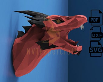 Papercraft Dragon Head, Paper Craft Dragon Head Model, Dragon Head PDF template, 3D Dragon Head sculpture, Low poly pattern Dragon Head, SVG