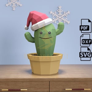 Papel Artesanal de Natal de Cacto Modelo de Natal de Cacto, Modelo PDF de Natal de Cacto, Escultura de Cacto 3D, Padrão Low Poly de Natal de Cacto
