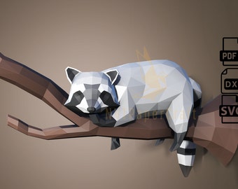 Waschbär aus Papier, Papiermodell Waschbär Modell, Waschbär PDF Vorlage, 3D Waschbär Skulptur, Low-Poly-Muster Waschbär, SVG