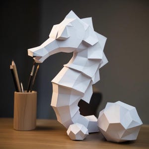 SeaHourse Papercraft, Paper Craft SeaHourse Model, SeaHourse PDF template, 3D SeaHourse sculpture, Low poly pattern SeaHourse, SVG