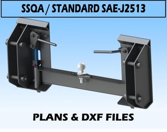 May include: A black metal hitch assembly with a ball hitch, spring, and various mechanical components. The image includes the text "SSQA / STANDARD SAE-J2513" and "PLANS & DXF FILES".