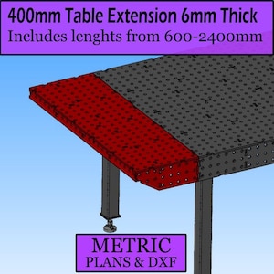 Peut inclure: Rendu 3D d'une extension de table avec une section rouge et une section grise. Le texte en haut indique "400mm Table Extension 6mm Thick". Le texte en bas indique "METRIC PLANS & DXF".