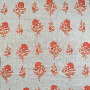 58&quot; inches Hand Block Print Orange-Peach Natural Linen Fabric-Home Décor, Floral Motif, Print for use in Pillow, Curtain, Upholstery.