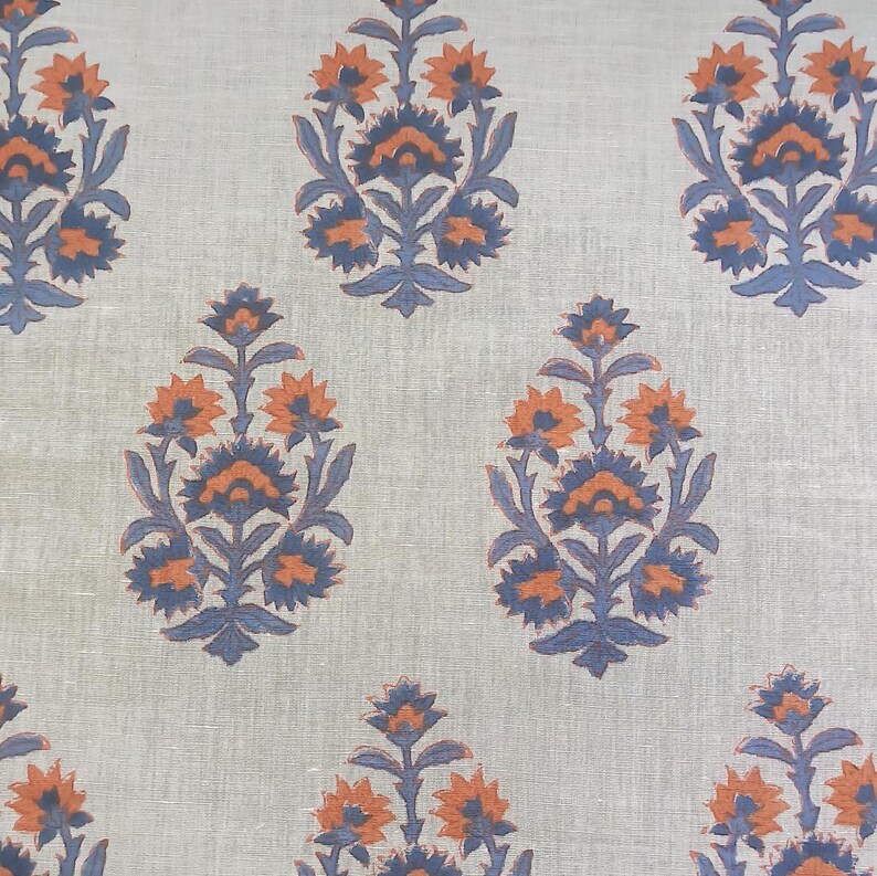 Hand Block Print Linen Fabric: Blue & Orange Floral Boota, 44