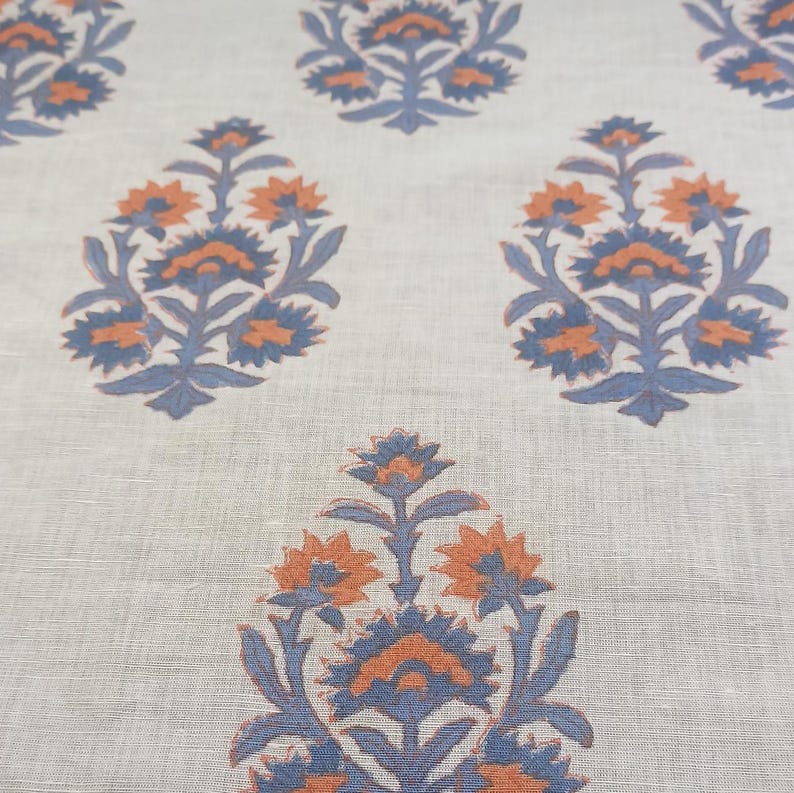 Hand Block Print Linen Fabric: Blue & Orange Floral Boota, 44