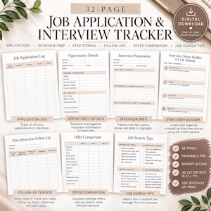 Puede incluir: Una descarga digital de 32 páginas para el seguimiento de solicitudes de empleo y entrevistas, que incluye plantillas para registros de aplicaciones, detalles de oportunidades, preparación de entrevistas, historias STAR, seguimientos y consejos.