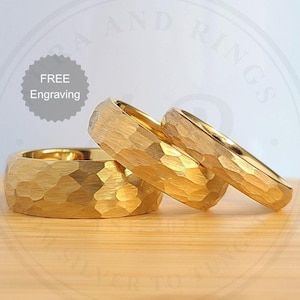 Gold Hammered Tungsten Wedding Band Ring for Men Women, Hammered Gold Ring, 4mm 6mm 8mm Wedding Band for Him Her, Personalized Engraving