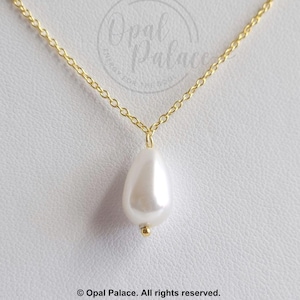 Pearl Drop Necklace, Teardrop Pearl Necklace, 925 Sterling Silver, Gold, Simple Shell Pearl Necklace, Bridal Bridesmaid Wedding Jewelry Gift