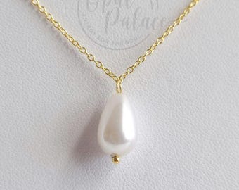 Pearl Drop Necklace, Teardrop Pearl Necklace, 925 Sterling Silver, Gold, Simple Shell Pearl Necklace, Bridal Bridesmaid Wedding Jewelry Gift