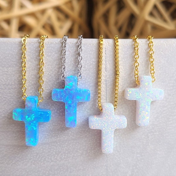 Blue Opal Cross Necklace, White Cross Choker Necklace for Women, Silver Opal Cross Pendant for Girl, First Communion Gift, Confirmation Gift