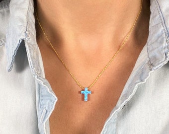 Blue Opal Cross Necklace, White Cross Choker Necklace for Women, Silver Opal Cross Pendant for Girl, First Communion Gift, Confirmation Gift